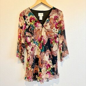Vtg Vision Apparel Y2K Dark Floral Silk Top Size 1X Boho Whimsigoth Witchy Artsy